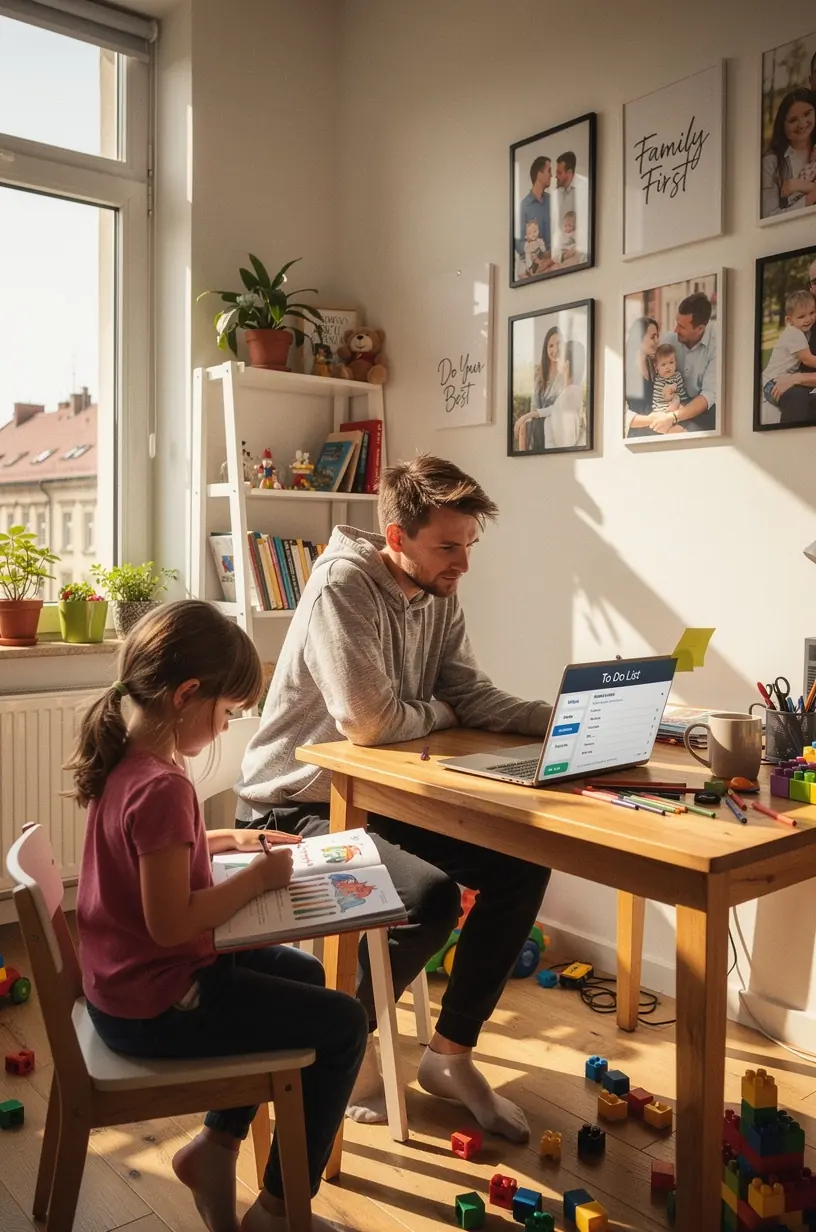Przerwa na kawę przy biurku, symbolizująca balans między pracą a regeneracją dla lepszej wydajności.